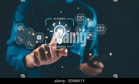 Professional touches AI interface artificial intelligence innovation automation data processing digital transformation screen, glowing lightbulb icons Stock Photo
