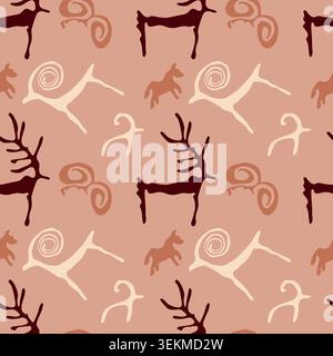 Saimaluu Tash ancient petroglyph seamless pattern, Kyrgyz cave art drawings of deer and ram on terracotta background for ethnic fabric Stock Vector