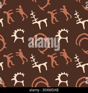 Saimaluu Tash ancient petroglyph seamless pattern, Kyrgyz cave art drawings of human hunter and deer on brown background for ethnic fabric Stock Vector