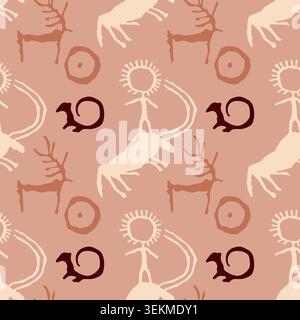 Saimaluu Tash ancient petroglyph seamless pattern with Kyrgyz cave art drawings of cart chariot and ox on black background for fabric Stock Vector