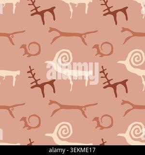 Saimaluu Tash ancient petroglyph seamless pattern with Kyrgyz cave art sun symbols and abstract signs on grey background for fabric Stock Vector