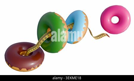 A 3D render of frosted donuts floating in a dynamic arrangement and a flexible measuring tape weaves diagonally. Stock Photo