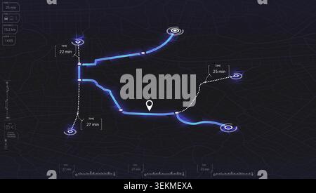 Isometric city map dashboard with neon tracking paths, time indicators, and dark technological background. Vector illustration. Stock Vector