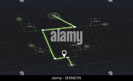 Isometric navigation screen with glowing green route and time markers on dark city background. Vector illustration. Stock Vector