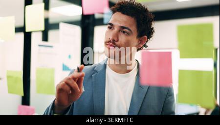 Thinking, woman and brainstorming at glass in office for venue ideas, progress timeline or mindmap. Event planner, sticky notes and info at work for Stock Photo