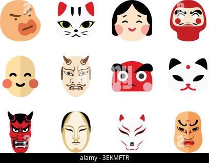 A colorful flat illustration set featuring Japanese traditional mask and folklore inspired face designs Stock Vector