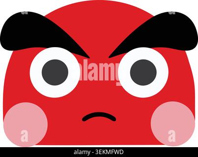Simple illustration of a red angry doll face mask with black brows large eyes and pink cheeks. Stock Vector