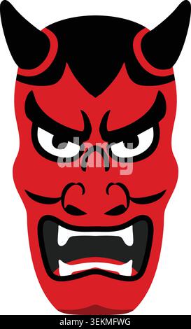 Simple illustration of a red horned demon mask with angry eyes wrinkled nose and sharp teeth. Stock Vector
