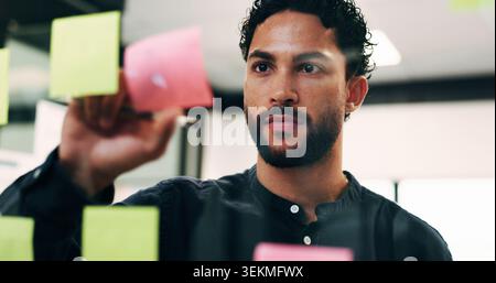 Business, man and writing on sticky notes in office for function details, guest list or schedule. Event coordinator, planning or brainstorm on glass Stock Photo