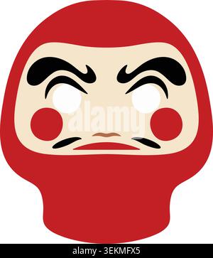 Simple illustration of a red round good luck doll mask with bold brows blank eyes and cheek circles. Stock Vector