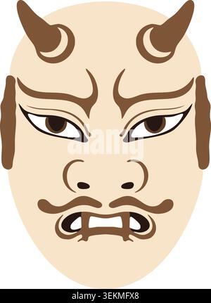 Simple illustration of a fierce cream demon mask with curved horns sharp eyes and a tense mouth. Stock Vector