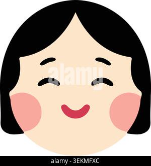 Simple illustration of a smiling traditional female face mask with black hair rosy cheeks and closed eyes. Stock Vector