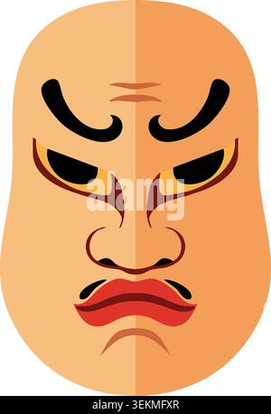 Simple illustration of a tan stern traditional face mask with dark brows narrow eyes and downturned mouth. Stock Vector