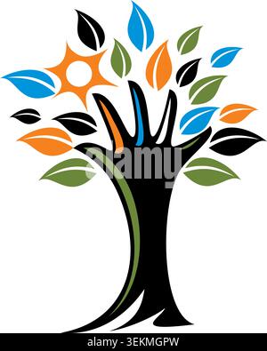 A vibrant abstract tree illustration featuring colorful leaves and a bright sun symbol, representing growth, nature, creativity, sustainability Stock Vector