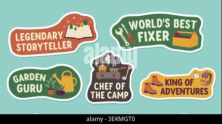 Father's Day Graphic Sticker Pack with Cute Typography and Hobby Icons for Gardening Camping Handyman Adventure and Storytelling Dad Gifts Stock Vector