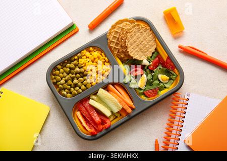 Lunchbox with delicious food and different stationery on light background Stock Photo