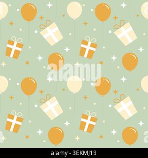 pattern for birthday celebration featuring cute flat illustrations of yellow and white balloons, wrapped gift boxes with ribbons, and shiny stars on a Stock Vector