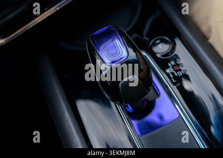 Automatic Gear Shift Lever Close Up in Modern Car Stock Photo