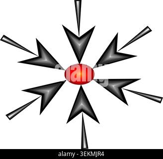 Six Multi layered gray and black coloured arrows pointing towards a red ball center. vector abstract drawing Stock Vector