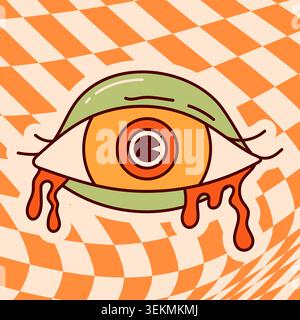 Psychedelic groovy eye with orange checkerboard background. Stock Vector