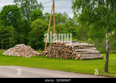 Stacks of firewood and cut logs stored outdoors on rural property near forest edge landscape scene Stock Photo