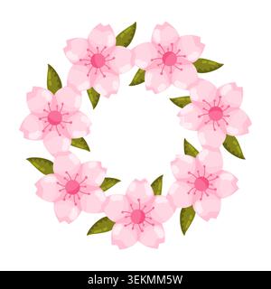 Full round wreath densely filled with large pink cherry blossom flowers and dark green leaves, isolated on white background, bold and beautiful spring Stock Vector