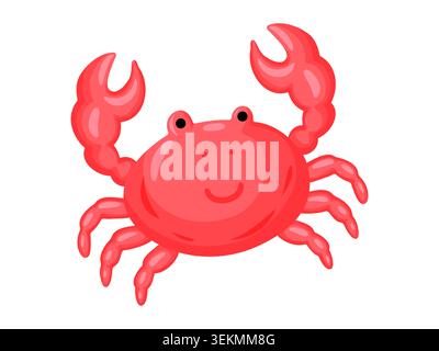 Illustration of a cute smiling red crab with raised claws, round body, black eyes and multiple legs, isolated on white background, fun cheerful ocean Stock Vector