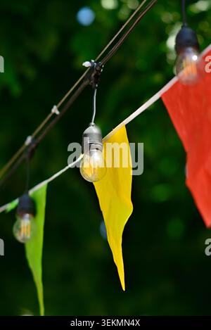 Close view of outdoor string lights with colorful pennant flags hanging against a soft green background, creating a festive garden party mood in natur Stock Photo