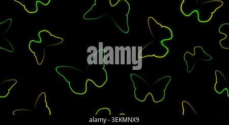 A seamless glowing butterflies. Neon glow effect. 3D vector illustration on black background. Stock Vector