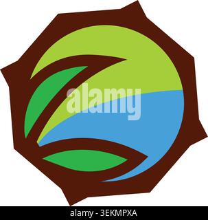 A modern abstract nature emblem featuring stylized green leaves, blue water elements, and organic curves enclosed within a geometric shape Stock Vector