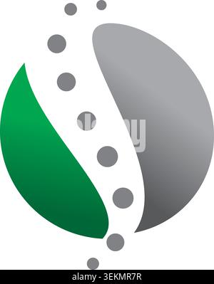 A minimalist abstract logo featuring a green leaf, smooth gray organic shape, and floating circular elements. The design symbolizes nature, balance. Stock Vector