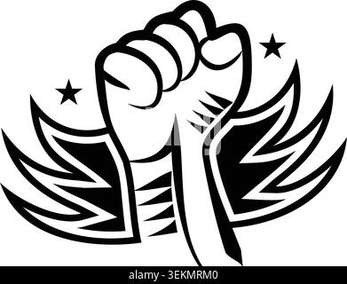 A bold black-and-white illustration of a raised fist with stylized wings and stars, representing strength, freedom, empowerment, resilience, unity Stock Vector