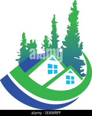 A simple eco-friendly logo featuring houses surrounded by pine trees, symbolizing sustainable living, nature, forestry, real estate, and environmental Stock Vector