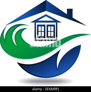 Eco Friendly Real Estate Home Logo with Green Leaf Design for Sustainable Housing, Property Development and Modern Living Stock Vector