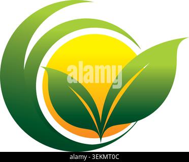 Simple eco logo featuring green leaves and sunlight, representing sustainability, environmental care, natural growth, and wellness. Stock Vector