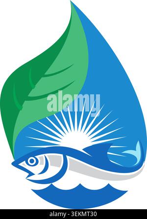 Creative eco logo featuring fish, water droplet, leaves, and sunrise, symbolizing sustainability, aquaculture, nature, and conservation. Stock Vector