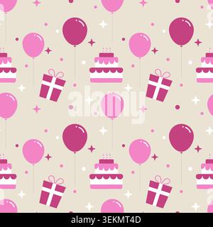 pattern for birthday celebration featuring cute flat illustrations of pink balloons, tiered birthday cake with candles, wrapped gift boxes, and sparkl Stock Vector