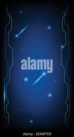 Abstract technology background with glowing stars, shooting meteors and vertical cyber HUD panel lines Stock Vector