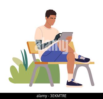 Freelancer Man sits on bench, using tablet Stock Vector