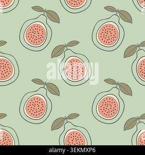 seamless pattern in Scandinavian minimalist style featuring cut halves of guava fruit with seeds and leaves on a soft mint green backdrop. Tropical or Stock Vector
