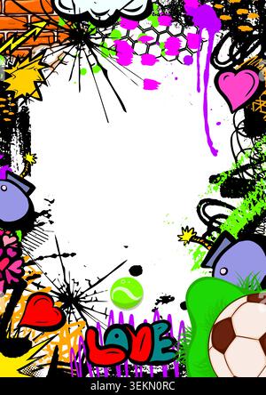 Grunge vibrant colorful frame templates featuring doodles, spray paint, and ink drops. graffiti art backgrounds with abstract street art elements Stock Vector