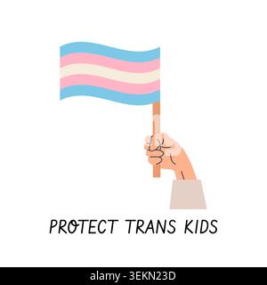 Hand holding transgender pride flag illustration with Protect trans kids slogan isolated on white. Minimalist activism graphic for LGBTQ pride month Stock Vector