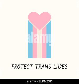 Minimalist pink heart with transgender pride flag stripes and protect trans lives slogan. Creative pop art illustration for LGBTQ pride month, trans Stock Vector