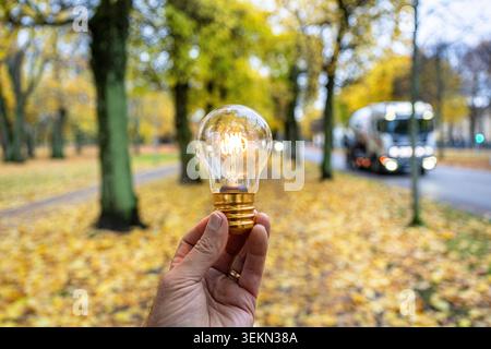 Hand of man holding illuminated electric bulb at street in autumn Stock Photo