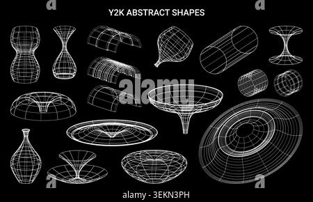 Collection of Y2K abstract wireframe shapes in white lines on black background, featuring hourglass, funnel, torus, and cylindrical forms, futuristic Stock Vector