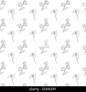 Seamless diagonal floral pattern with alternating large bloom and double blossom stems, minimalist line art on white background, elegant botanical Stock Vector