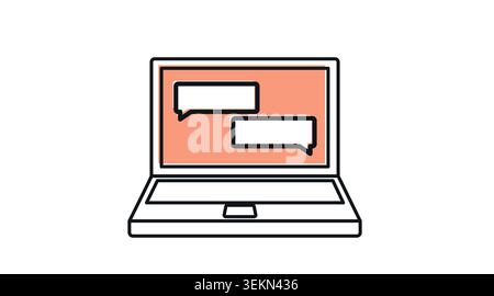 Laptop online chat icon: portable notebook computer displaying two speech bubbles on screen, modern black line art with offset color fill vector for l Stock Vector