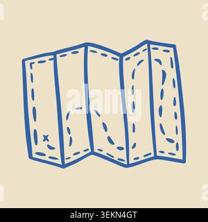 Illustration of a folded paper map with dashed lines and a cross mark, set against a light beige background, emphasizing navigation and exploration Stock Vector