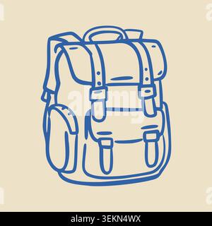 Blue outline illustration of a classic backpack with two side pockets and adjustable straps on a beige background, suitable for school or outdoor Stock Vector