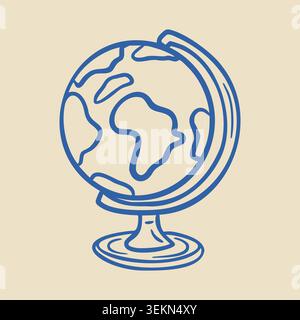Illustrated globe on a stand with detailed landmasses and oceans, featuring a simple design against a light beige background for educational or Stock Vector